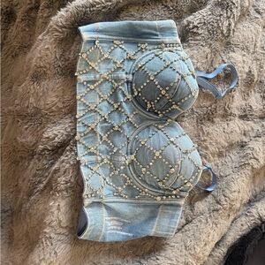 Source Unknown Blue Denim Pearl Embellished Crop Top